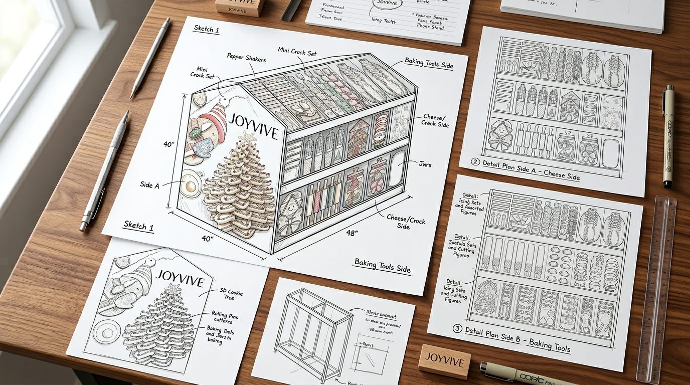 Hand-drawn display rack sketches for Joyvive end-aisle stand
